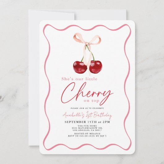 Little Cherry op Top Ribbon Gingham 1e verjaardag Kaart (Voorkant)