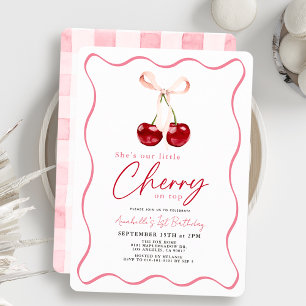 Little Cherry op Top Ribbon Gingham 1e verjaardag Kaart