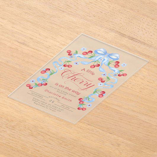 Little Cherry op weg naar Blue Bow Boy baby shower Acryl Uitnodigingen (Laagn)