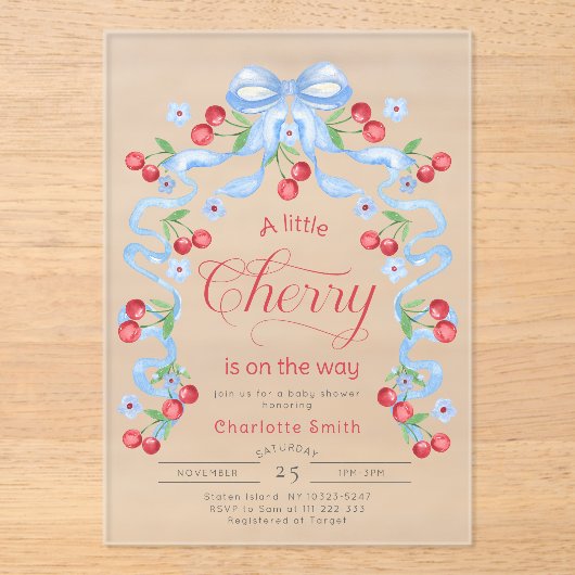 Little Cherry op weg naar Blue Bow Boy baby shower Acryl Uitnodigingen (Voorkant)