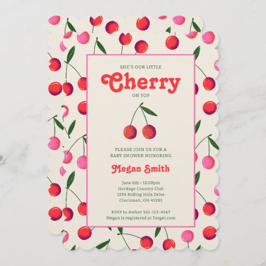 Little Cherry Retro Girl Baby shower Uitnodigen: I Kaart (Voorkant / Achterkant)