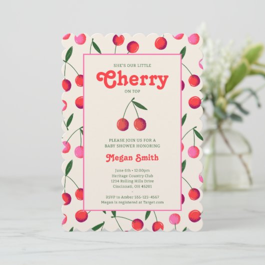 Little Cherry Retro Girl Baby shower Uitnodigen: I Kaart (Staand voorkant)