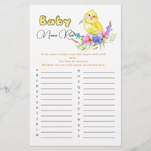 Little Chick Baby shower Baby Name Race Game (Voorkant)