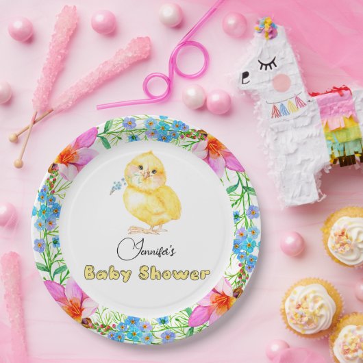 Little Chick Floral Baby shower Papieren Bordje (Feest)