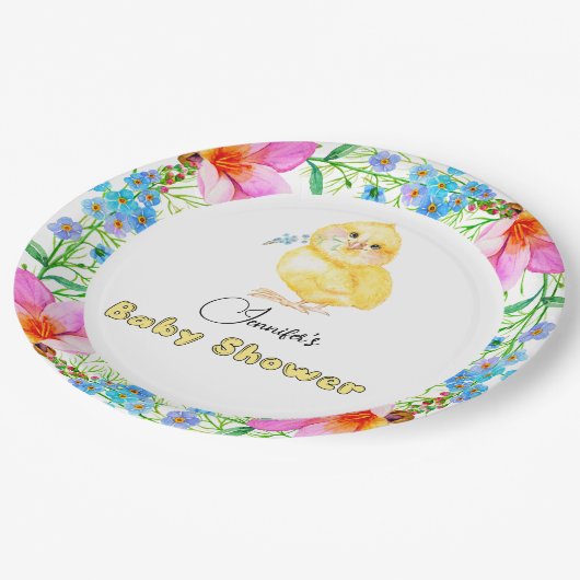 Little Chick Floral Baby shower Papieren Bordje (Gekanteld)
