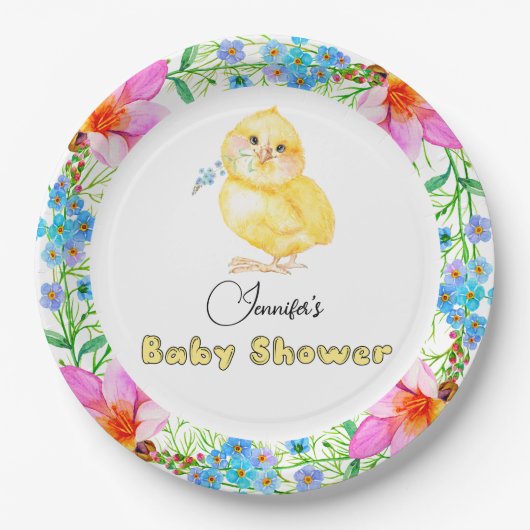 Little Chick Floral Baby shower Papieren Bordje (Voorkant)