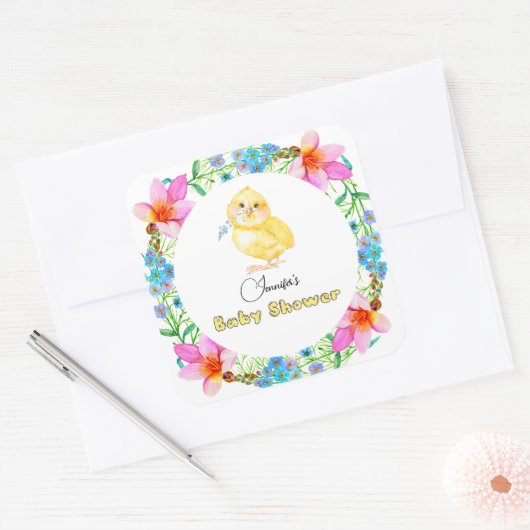 Little Chick Floral Baby shower Vierkante Sticker (Envelop)