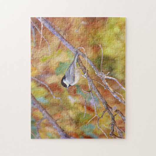 Little Chickadee Bird in Herfst Trees Art Puzzle Legpuzzel (Verticaal)
