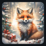 Little Christmas Fox Vierkante Sticker<br><div class="desc">Een schattige,  kleine rode vos zit tussen twee versierde bomen,  met ingepakte geschenken aan zijn voeten,  terwijl de sneeuw zachtjes over het tafereel herfsten. Zeer charmant tafereel,  ideaal voor iedereen die van wilde dieren en natuur houdt.</div>