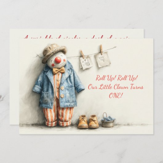 Little Clown 1st Birthday Show Kaart (Voorkant / Achterkant)