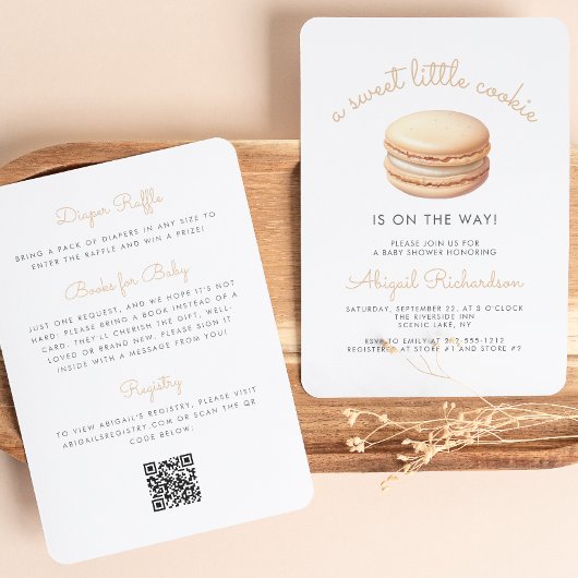 Little Cookie Macaron QR Code Neutraal Baby shower Kaart