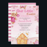 Little Cookie Winter Christmas Girl Baby shower Kaart<br><div class="desc">Ons ontwerp is voorzien van een schattig peperkoekmeisje dat naast een peperkoekhuis staat met snoepstokken op het dak. Er zijn ook leuke koekjes aan de zijkanten. Het huis is omgeven door sneeuwvlokken en snoepstokken op een roze achtergrond. Dit is ideaal voor het vieren van een baby shower en het verwelkomen...</div>