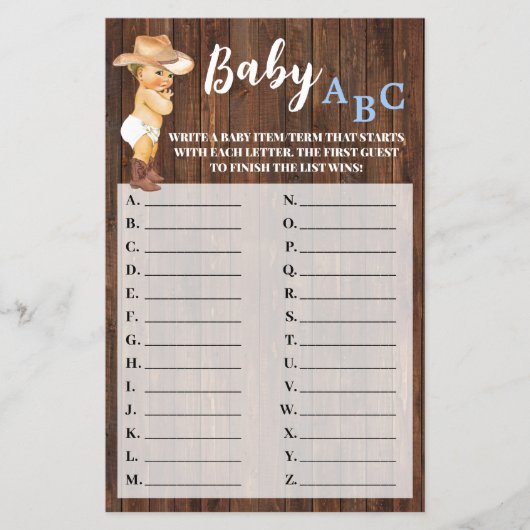 Little Cowboy Baby ABC Baby shower Game Card Flyer (Voorkant)