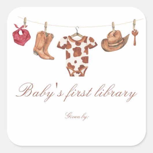 Little Cowboy Baby shower - baby's first library Vierkante Sticker (Voorkant)
