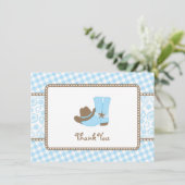 Little Cowboy Baby shower Dank je wel blauw en bru Bedankkaart (Staand voorkant)