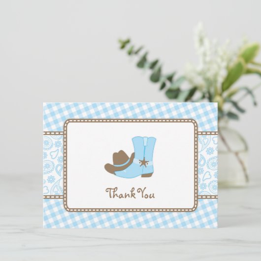 Little Cowboy Baby shower Dank je wel blauw en bru Bedankkaart (Staand voorkant)