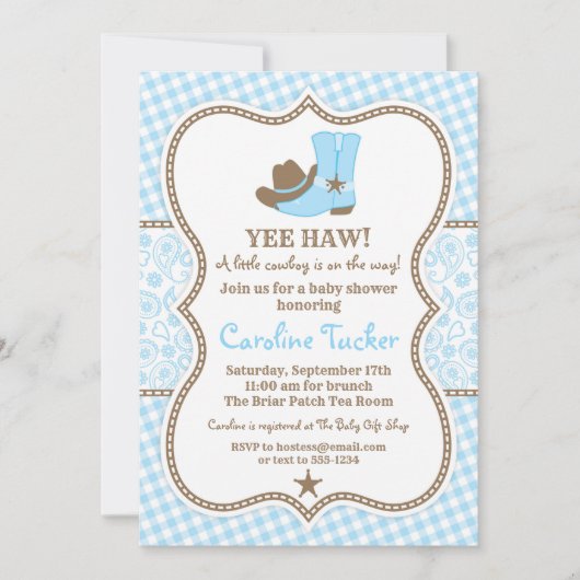 Little Cowboy Baby shower Invitation blue en brown Kaart (Voorkant)