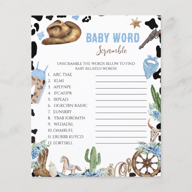 Little Cowboy Baby Shower Word Scramble Game (Voorkant)