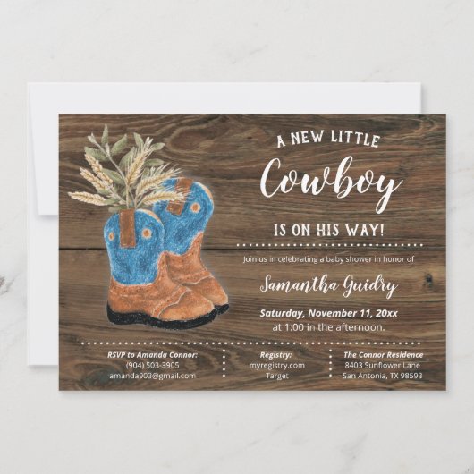Little Cowboy Bootie Brown Wood Baby shower Kaart (Voorkant)