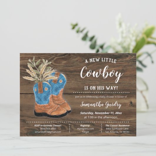 Little Cowboy Bootie Brown Wood Baby shower Kaart (Staand voorkant)