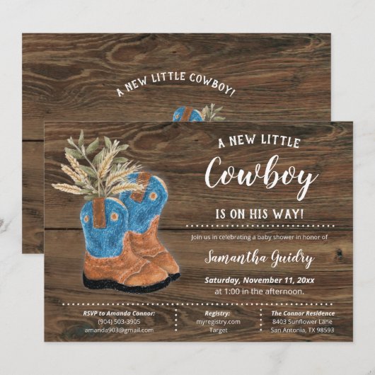 Little Cowboy Bootie Brown Wood Baby shower Kaart (Voorkant / Achterkant)