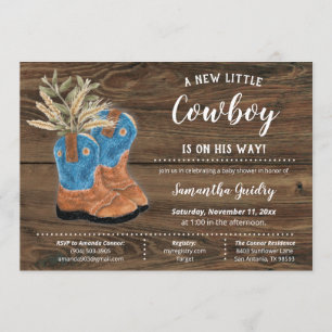 Little Cowboy Bootie Brown Wood Baby shower Kaart