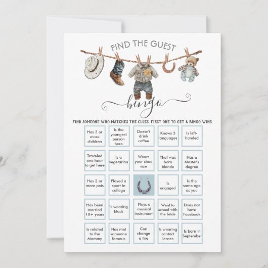 Little Cowboy Clothesline Vind de Gast BINGO Kaart (Voorkant)