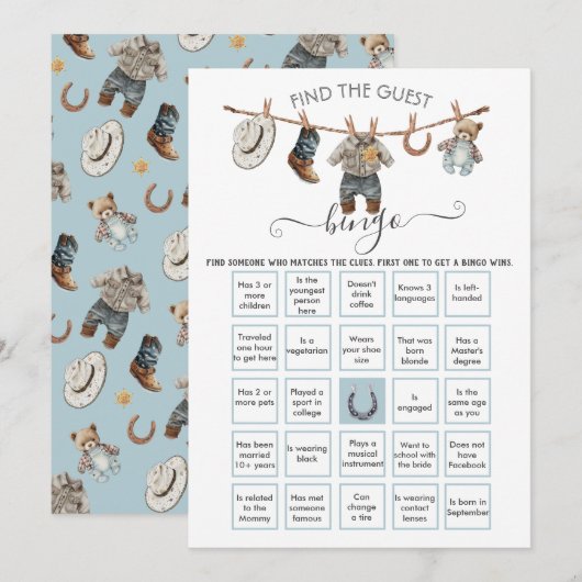 Little Cowboy Clothesline Vind de Gast BINGO Kaart (Voorkant / Achterkant)