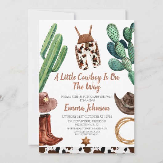 Little Cowboy Koe Print Baby shower Invitation Kaart (Voorkant)