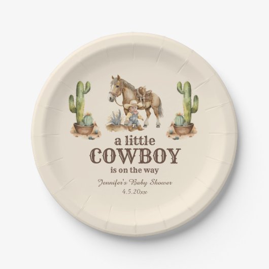 little cowboy on the way, boy baby shower papieren bordje (Voorkant)