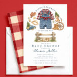 Little Cowboy Western Baby Shower Invitation Kaart<br><div class="desc">Celebrate your little cowboy with this charming western baby shower invitation! This adorable design features watercolor cowboy overalls, a red plaid shirt, boots, rope, sheriff badge, wagon wheel, vintage farm truck, and rustic fence details. The warm country aesthetic paired with classic red plaid makes it perfect for western, ranch, cowboy,...</div>