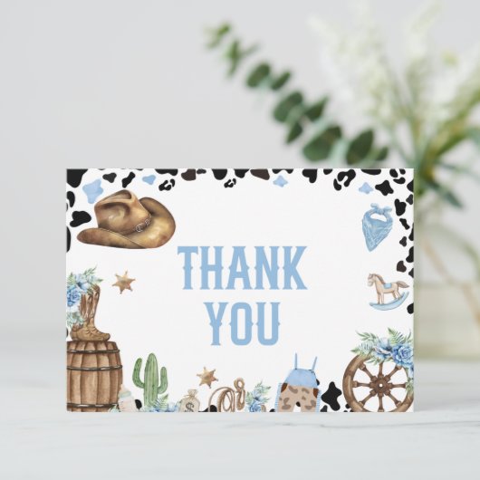 Little Cowboy Western Blue Baby Shower  Bedankkaart (Staand voorkant)
