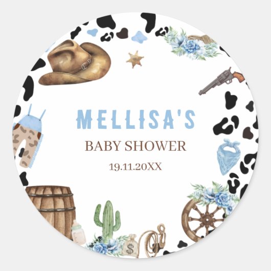 Little Cowboy Western Blue Baby Shower Ronde Sticker (Voorkant)