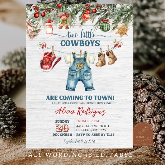 Little Cowboy Western Holiday Twins Baby Shower Kaart