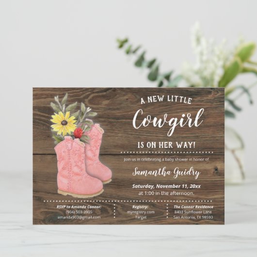 Little Cowgirl Bootie Brown Wood Baby shower Kaart (Staand voorkant)