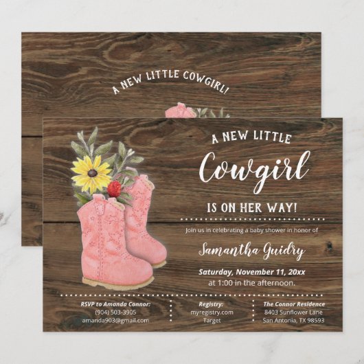 Little Cowgirl Bootie Brown Wood Baby shower Kaart (Voorkant / Achterkant)