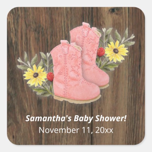 Little Cowgirl Bootie Dark Wood Baby shower Vierkante Sticker (Voorkant)