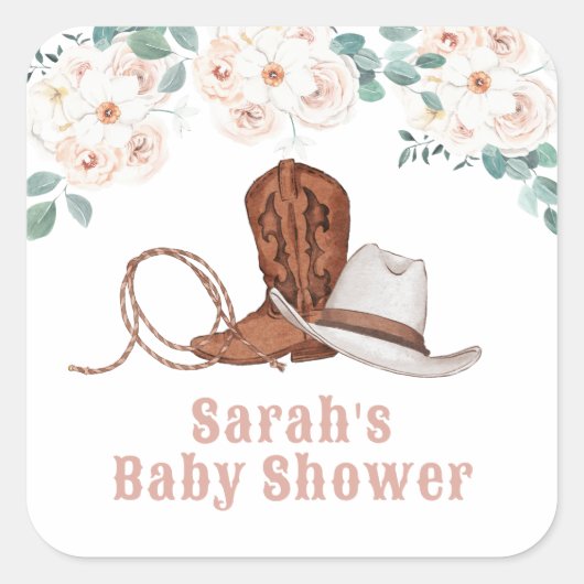 Little Cowgirl Western Floral Girl Baby Shower Vierkante Sticker (Voorkant)