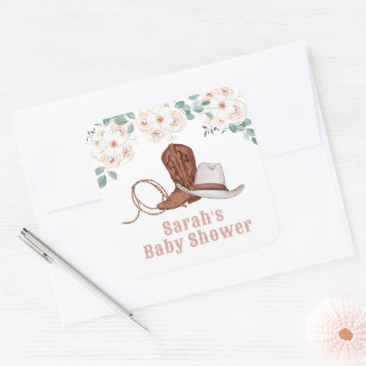 Little Cowgirl Western Floral Girl Baby Shower Vierkante Sticker (Envelop)
