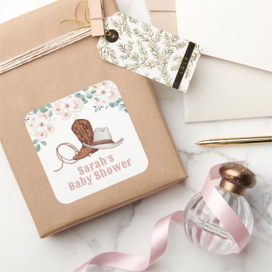 Little Cowgirl Western Floral Girl Baby Shower Vierkante Sticker (Geschenken)