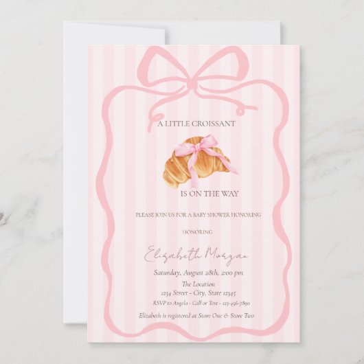 Little Croissant Pink Bow Pink Stripes Baby Shower Kaart (Voorkant)