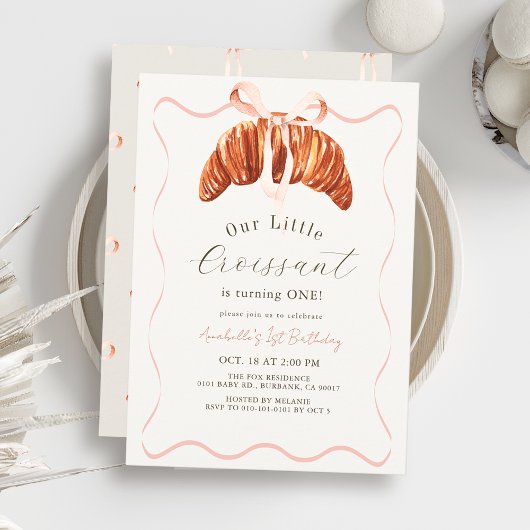 Little Croissant Pink Bow Ribbon Girl 1st Birthday Kaart