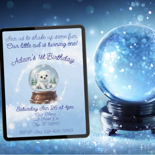 Little Cub One, Polar Bear Snow Globe Birthday Kaart