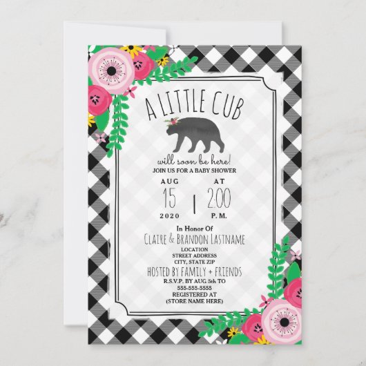 Little Cub Plaid Zwart + Wit Girly Baby shower Kaart (Voorkant)