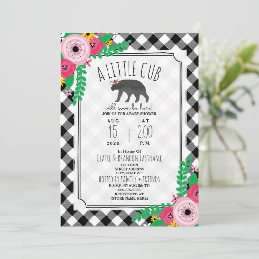 Little Cub Plaid Zwart + Wit Girly Baby shower Kaart (Staand voorkant)