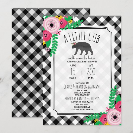 Little Cub Plaid Zwart + Wit Girly Baby shower Kaart (Voorkant / Achterkant)