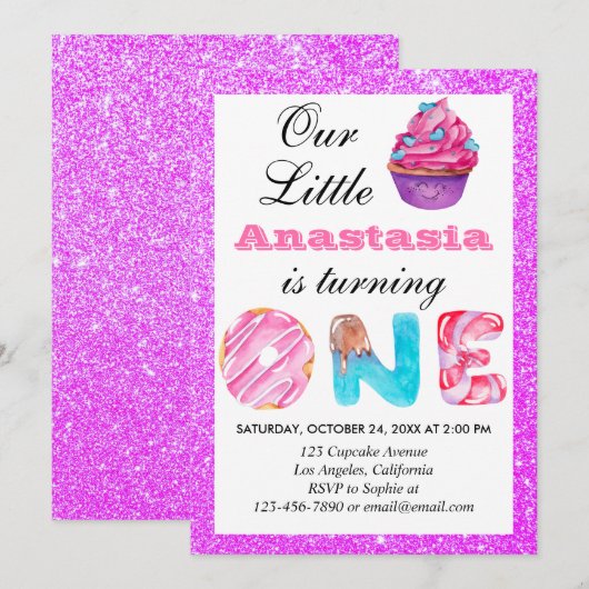 Little Cupcake Paars Glitter 1st Birthday One Kaart (Voorkant / Achterkant)