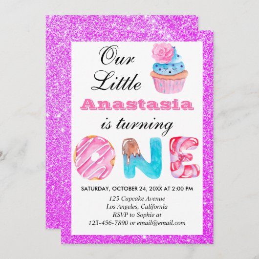 Little Cupcake Paars Glitter 1st Birthday One Kaart (Voorkant / Achterkant)