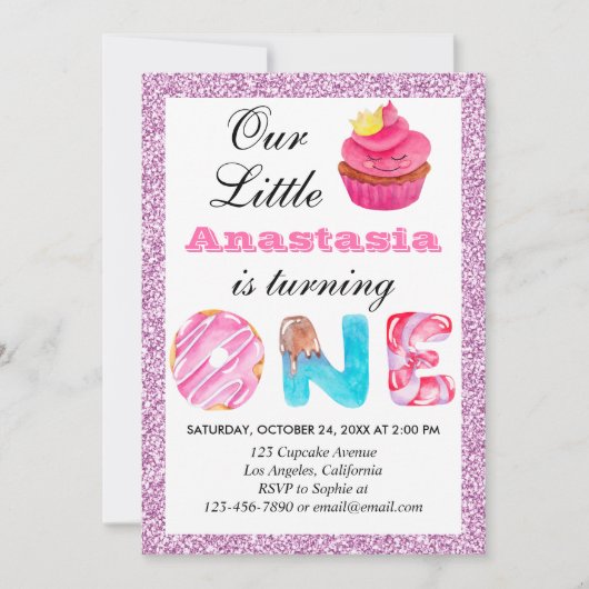 Little Cupcake Roze Lila Glitter 1st Birthday One Kaart (Voorkant)