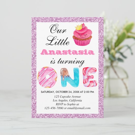 Little Cupcake Roze Lila Glitter 1st Birthday One Kaart (Staand voorkant)